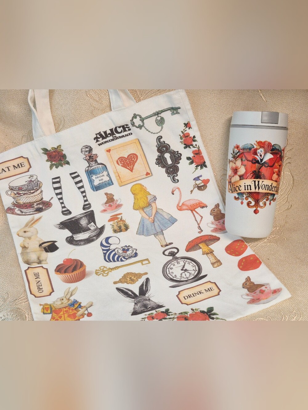 Set - Alice in Wonderland Travel Tumbler & Tote in White & Red Queen Of Hearts